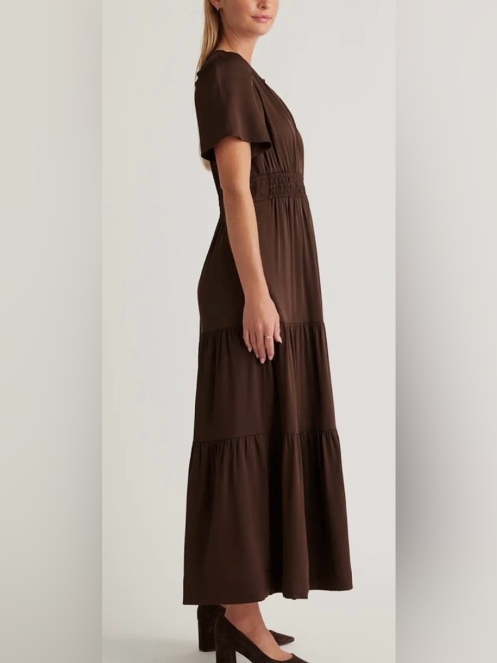 Quince Washable Stretch Silk Tiered Maxi
Dress, Small, Brown/Hot Fudge - Picture 4 of 8